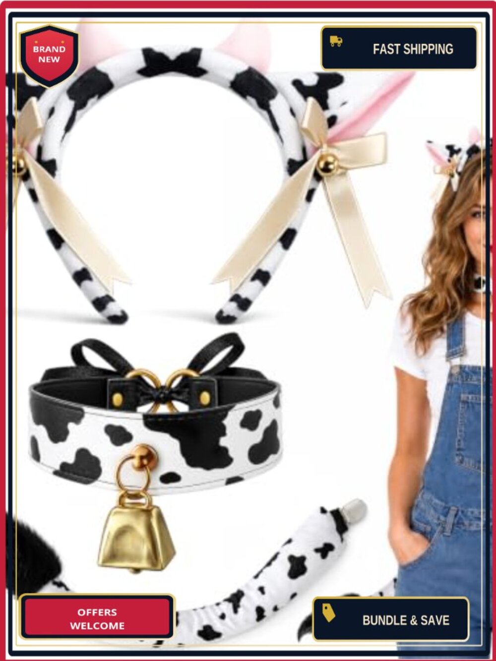 Cow Costume Accessories Set Ears Headband Tail Gold Bell Choker Cosplay